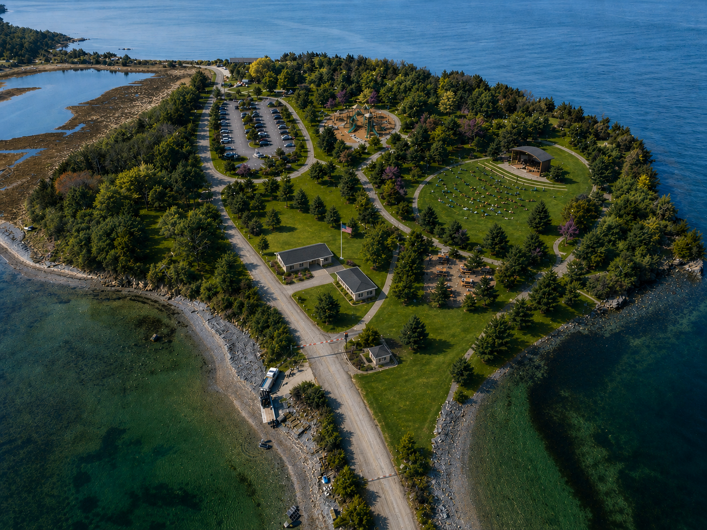 A proposed future vision for Fort Getty Park with more trees, paths, gathering spaces, two modest one-story buildings, and public amenities